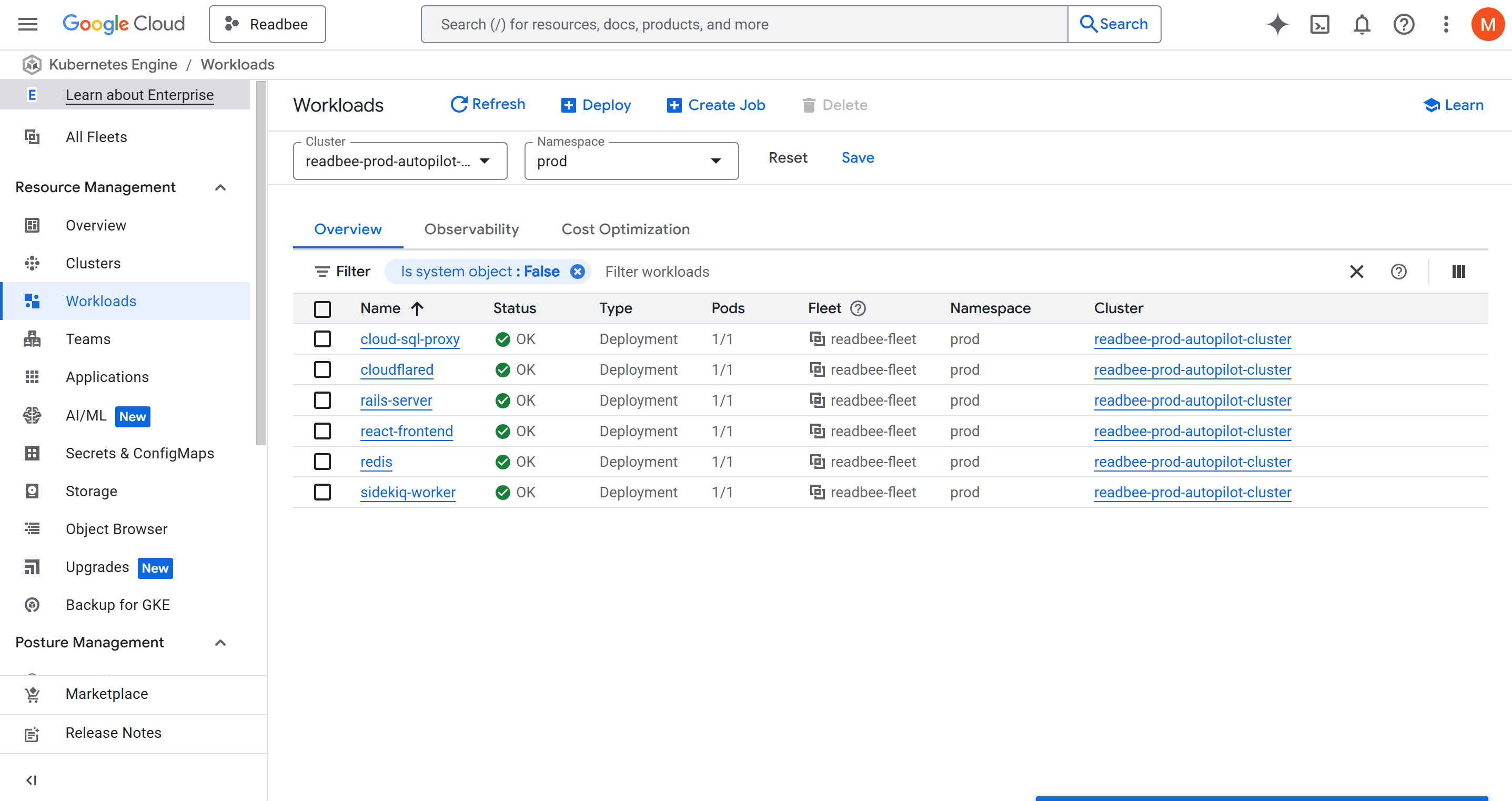 Kubernetes dashboard showing running pods